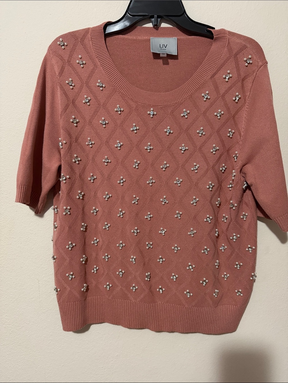 LIV Embellished Short-Sleeve Scoop Neck Sweater in Dusty Rose